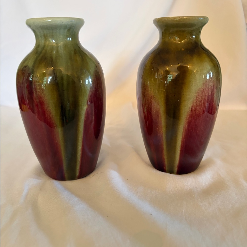 MCM Hosley Red Reactive Drip “Crackle” Glaze Ceramic Vase ~ Set of 2